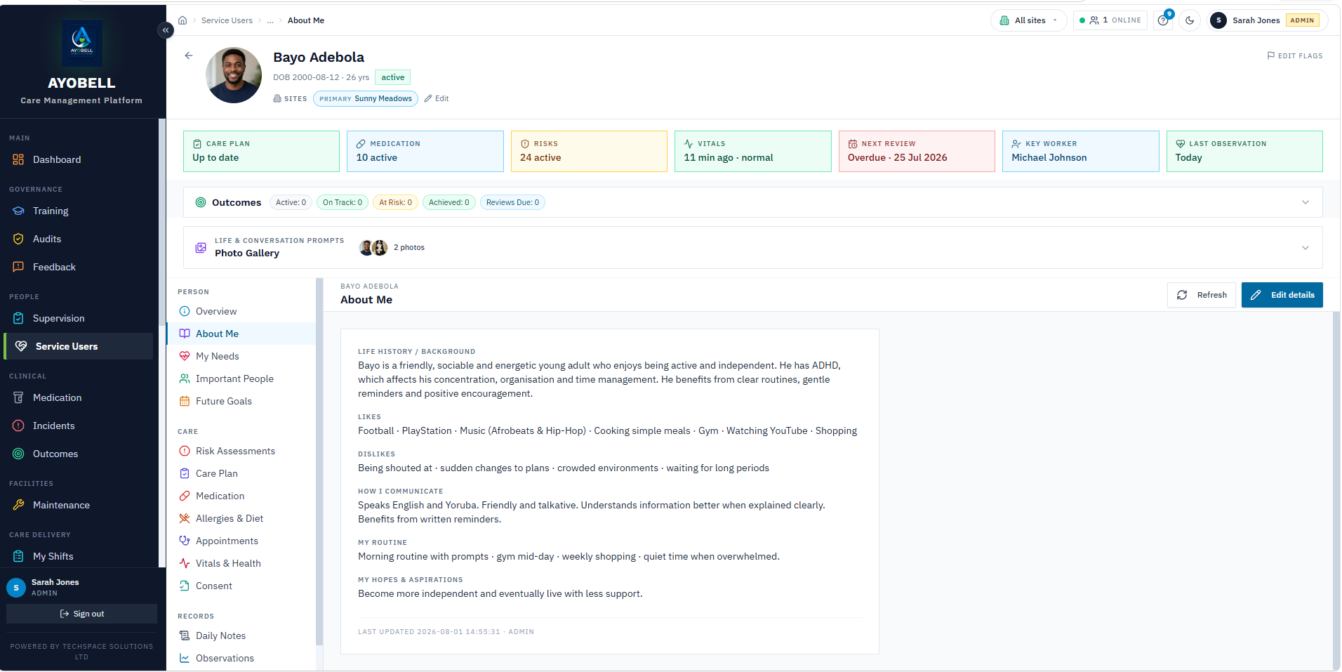 AYOBELL Service User About Me profile (sample data)